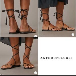 Anthropologie Pilcro Ankle Tie-Up Strappy Thong Black Leather Sandals Women 8